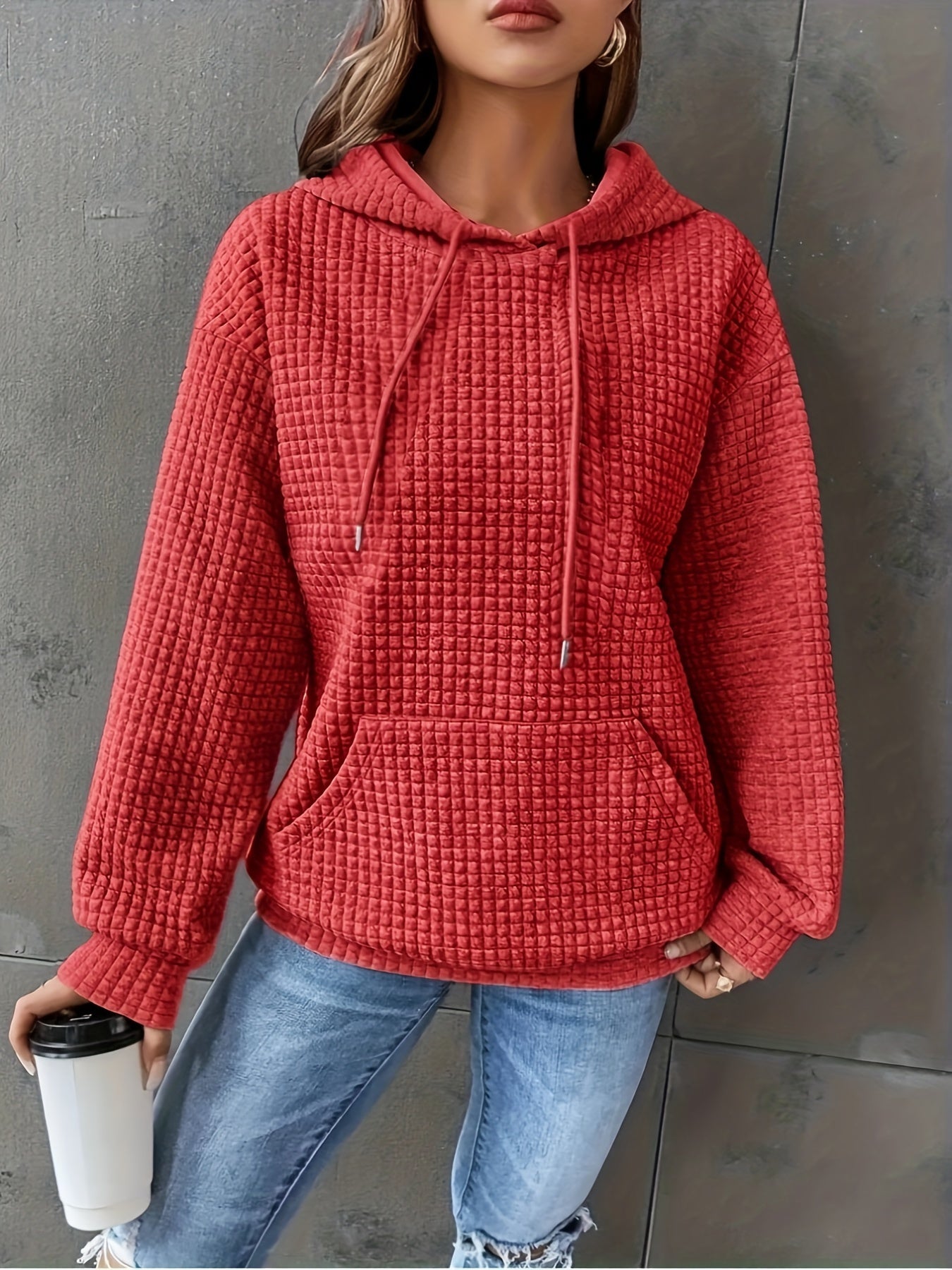 Color Block Waffle Drawstring Hoodie