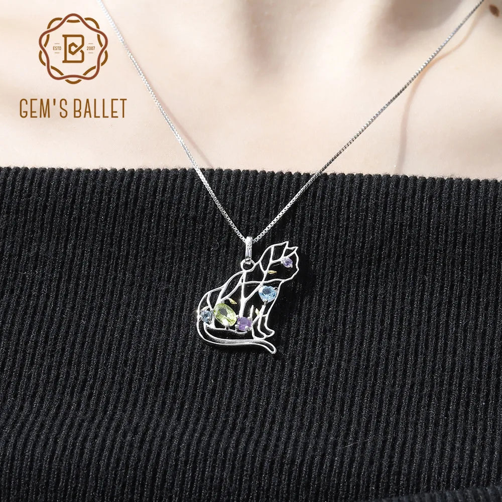 GEM'S BALLET  Sterling Silver Handmade Color Cat  Necklace Natural   Gemstone For Women