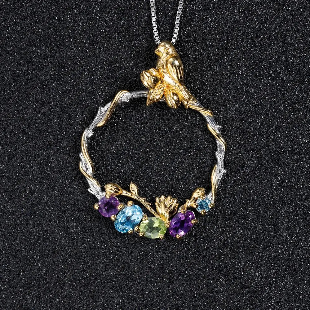 GEM'S BALLET Natural Colorful Gemstones Topaz Pendant Necklace  Bird Secret Garden