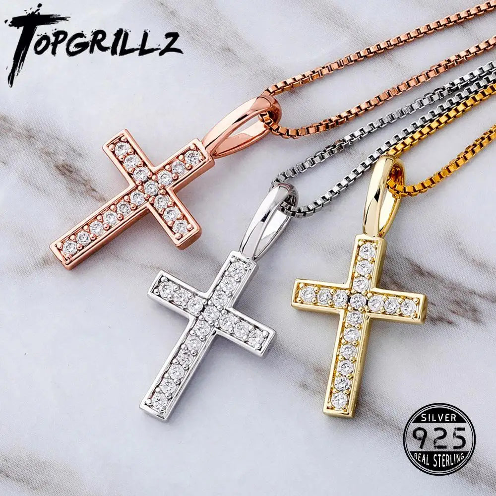 TOPGRILLZ 925 Sterling Silver Ice Zircon Cross Pendant Gold Silver Rose Gold