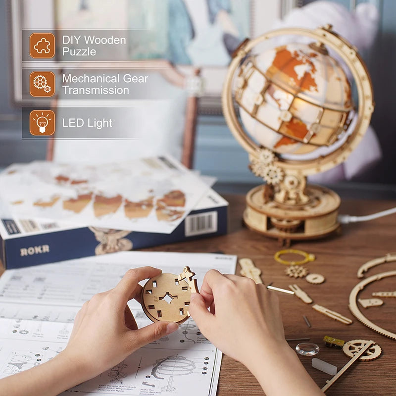 Luminous Wooden Globe Night Light, 3DPuzzle Assembly Kit For kids And Adults