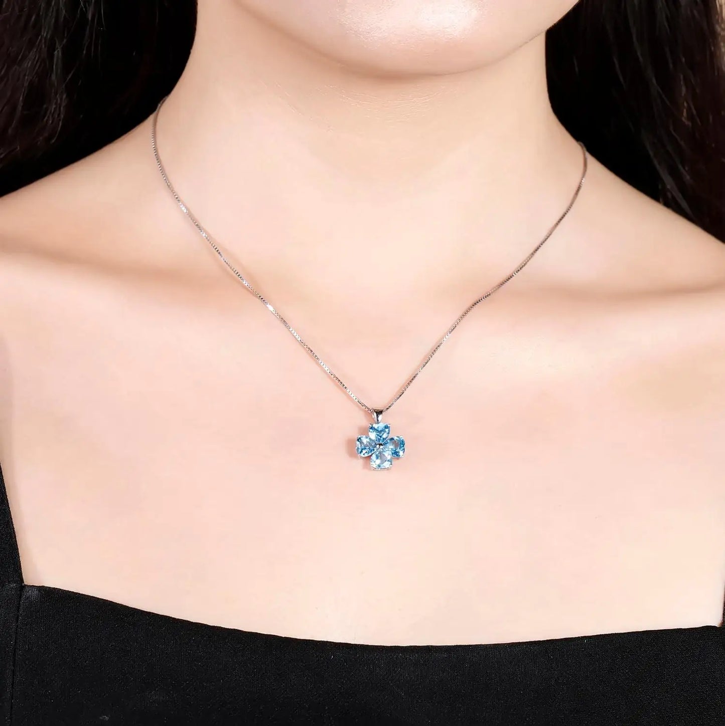 GEM'S BALLET 0.95ct Natural Swiss Blue Topaz Clover Design Solid 585 14K 10K 18K Gold 925 Silver Pendant Necklace