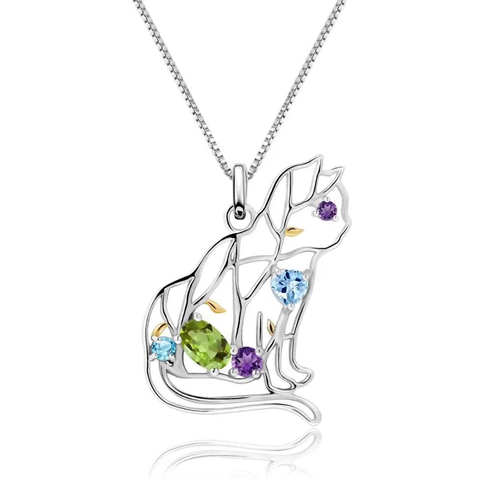 GEM'S BALLET  Sterling Silver Handmade Color Cat  Necklace Natural   Gemstone For Women