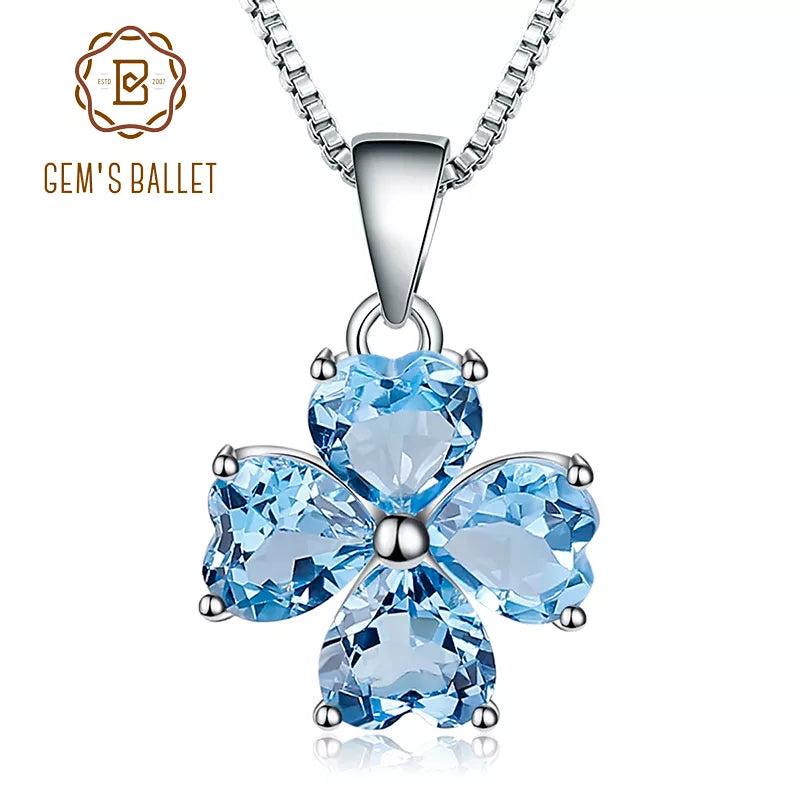 GEM'S BALLET 0.95ct Natural Swiss Blue Topaz Clover Design Solid 585 14K 10K 18K Gold 925 Silver Pendant Necklace