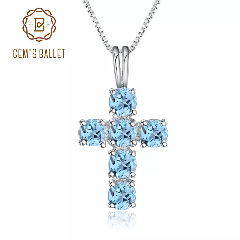 Gem's Ballet Natural Swiss Blue Topaz 925 Sterling Silver Gemstone Cross Pendant