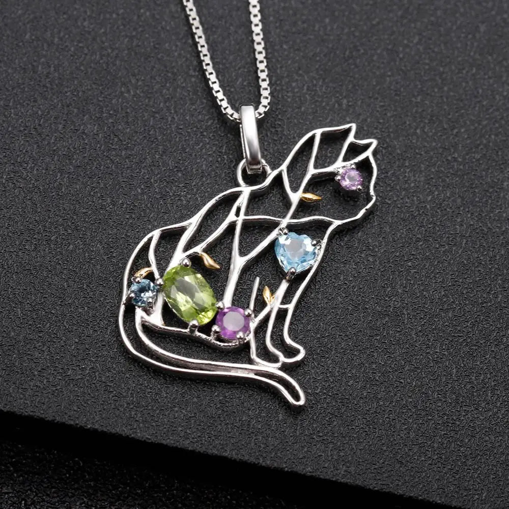 GEM'S BALLET  Sterling Silver Handmade Color Cat  Necklace Natural   Gemstone For Women