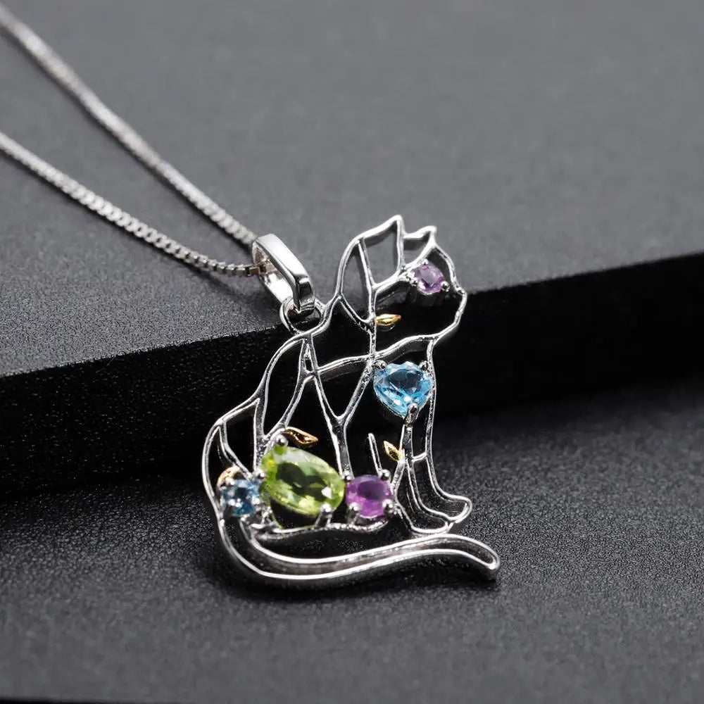 GEM'S BALLET  Sterling Silver Handmade Color Cat  Necklace Natural   Gemstone For Women