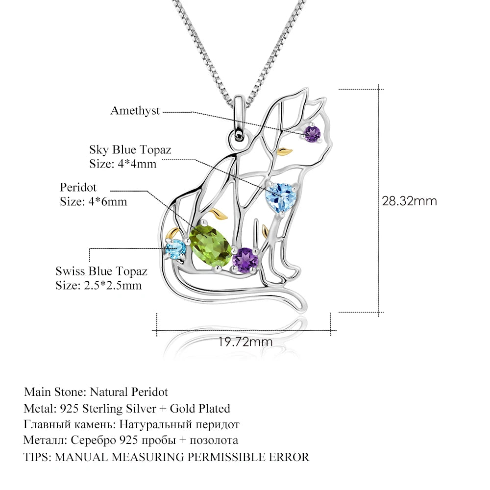 GEM'S BALLET  Sterling Silver Handmade Color Cat  Necklace Natural   Gemstone For Women