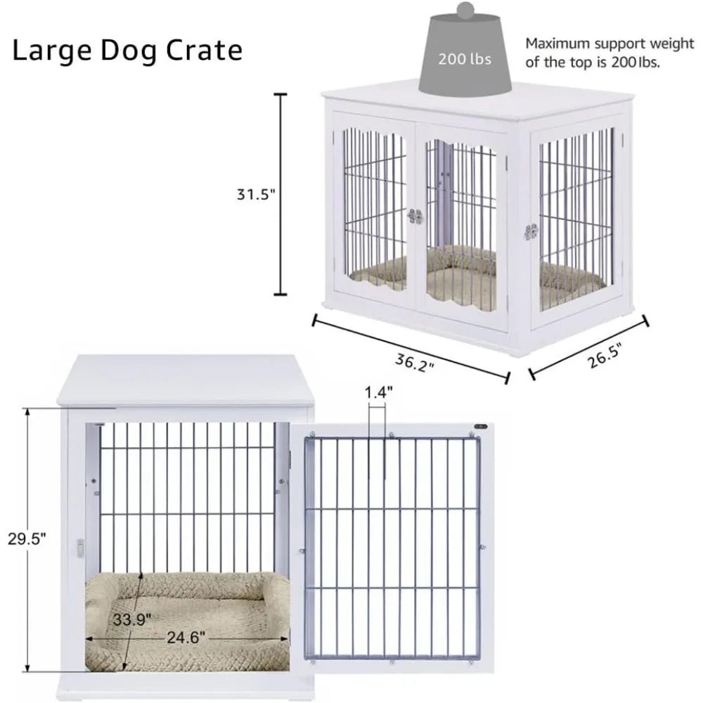 Furniture Style White Dog Crate for Medium Large Dogs, Indoor Aesthetic Dog Stuff Kennel, Modern Decorative Wood Wire Pet House