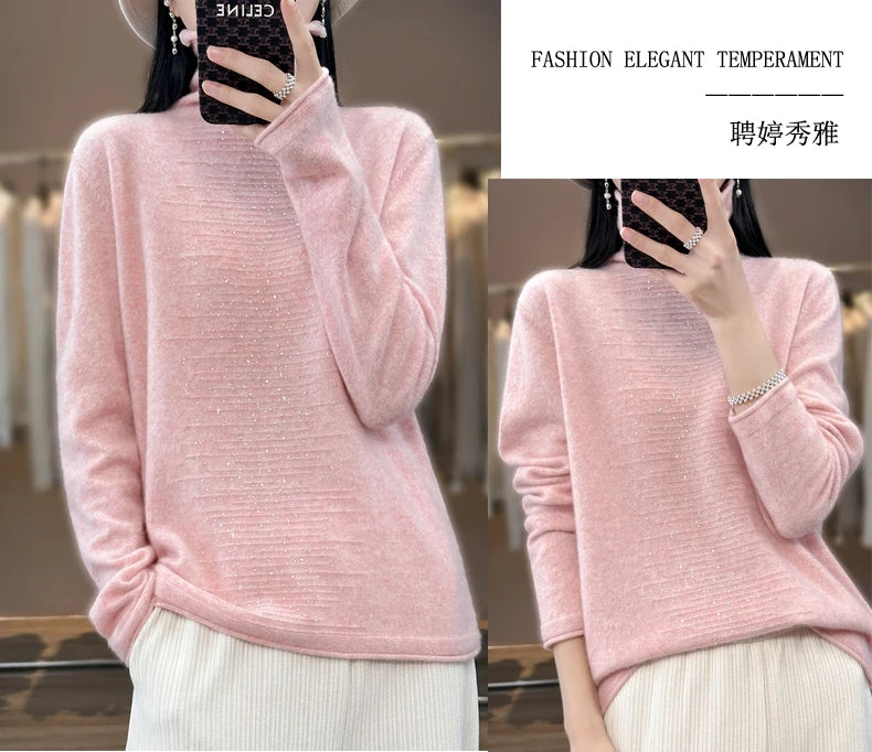 Women 100% Pure Wool Sweater High Collar Pullove, loose fit, long sleeve