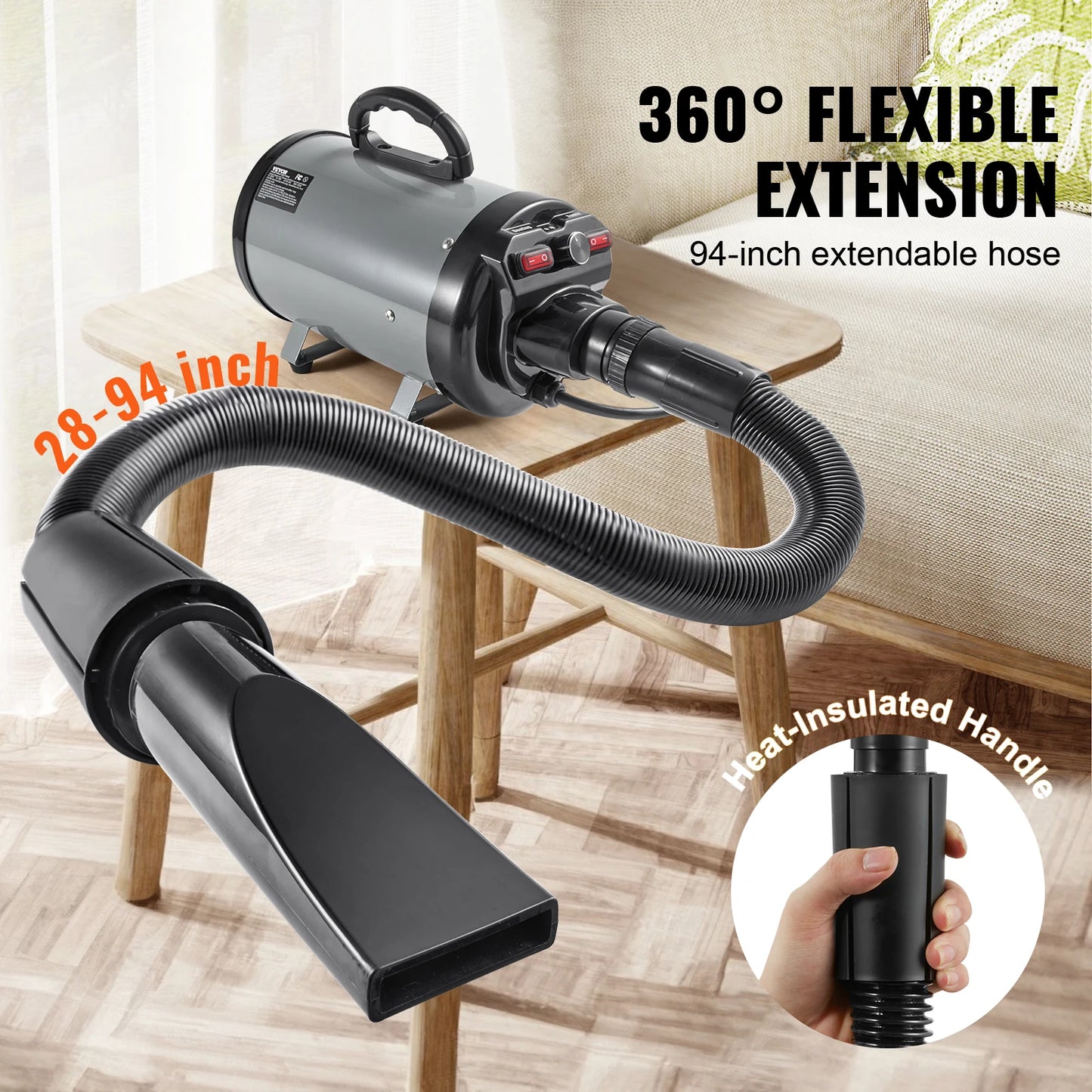 Dog Blow Dryer Adjustable Speed Temperature Control with 4 Nozzles and Extendable Hose for Pet Hair Grooming