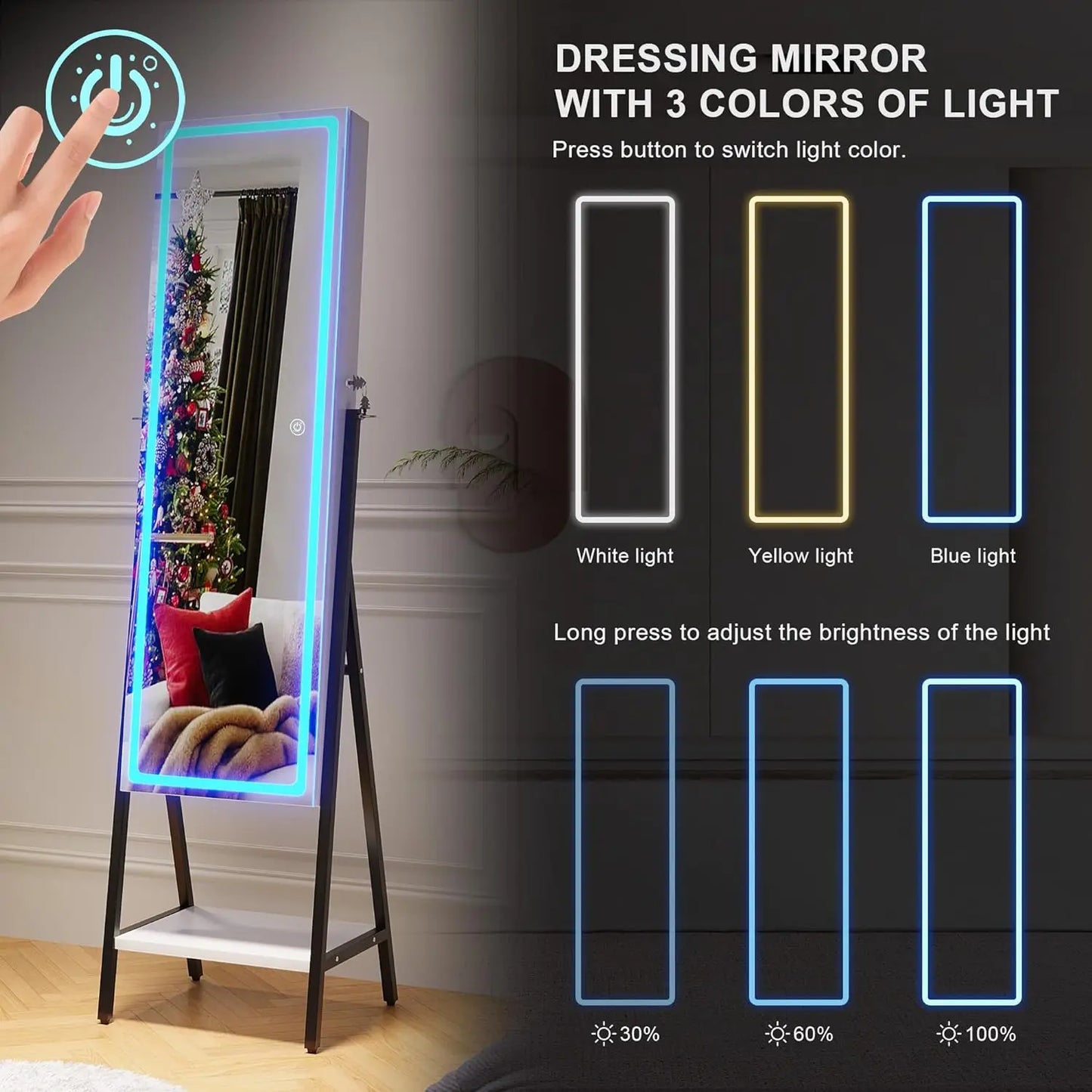 LED Mirror Jewelry Cabinet Standing, Lockable Jewelry Armoire Organizer