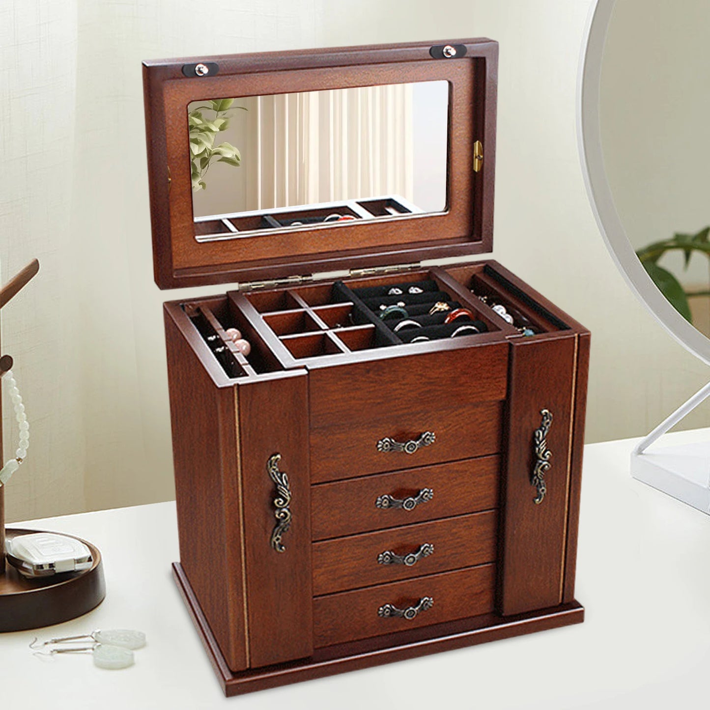 Wooden Jewelry Box  Built-in mirror double door 5-drawer