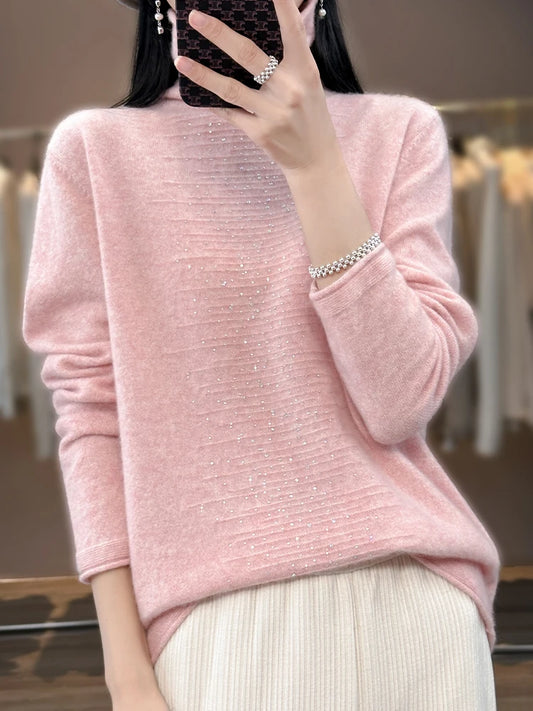 Women 100% Pure Wool Sweater High Collar Pullove, loose fit, long sleeve