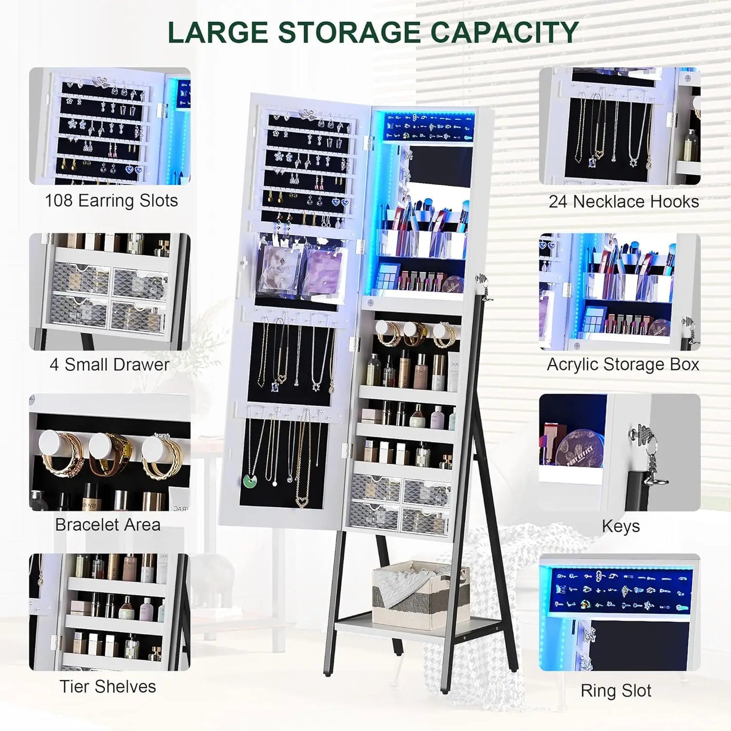 LED Mirror Jewelry Cabinet Standing, Lockable Jewelry Armoire Organizer