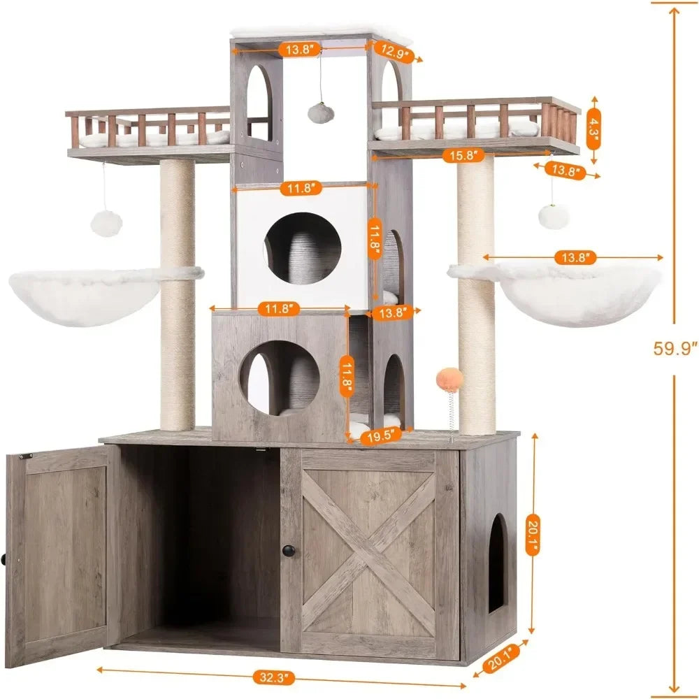 Cat Tree With Litter Box Enclosure for Indoor Big Cat Tower for Large Cats