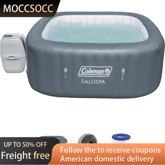 4 to 6 Person Inflatable Hot Tub, Square, Portable, Outdoor Spa With 114 Soothing Air Jets and Insulated Cover Gray