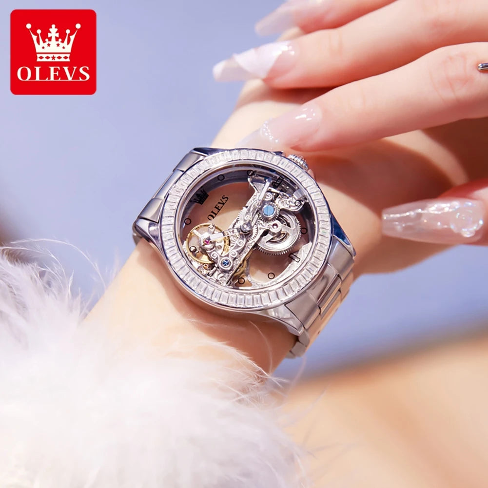 Automatic Watch for Women Hollow out Fully Transparent,  Luxury Brand Original Ladies Watch Set