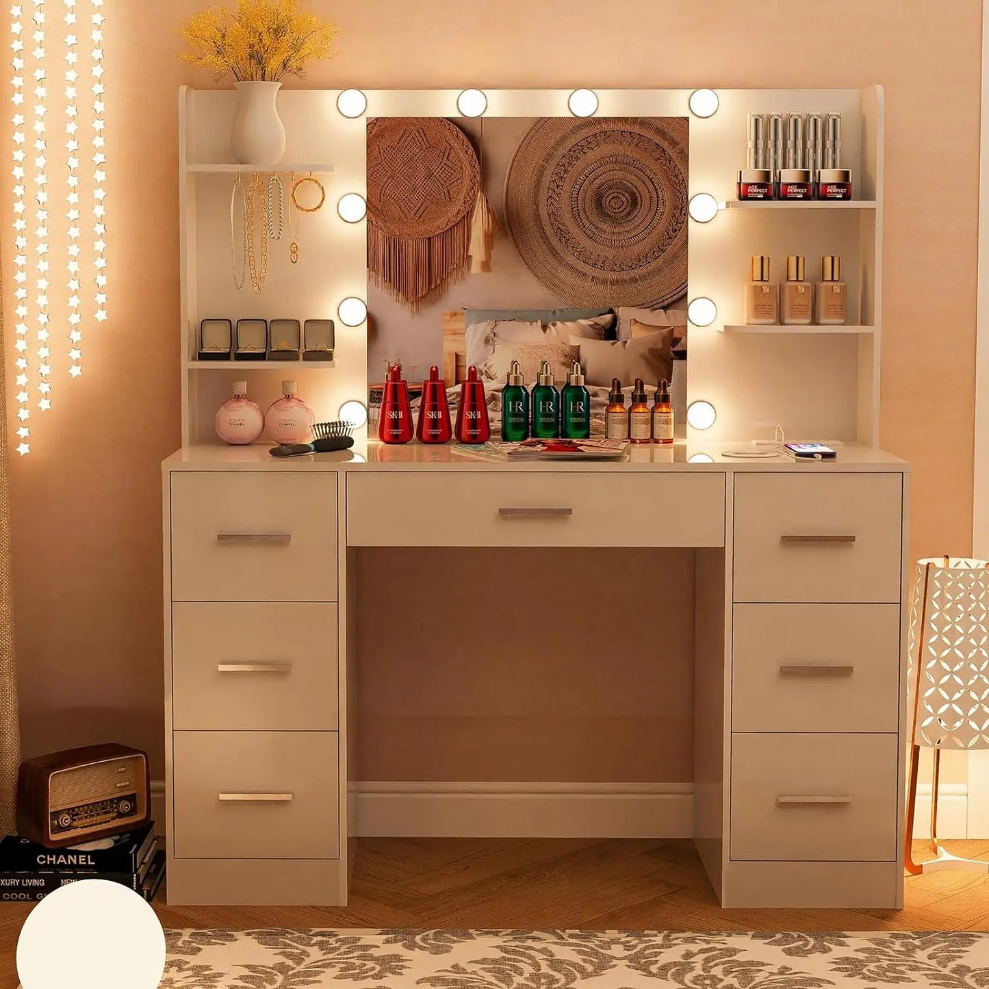 Large Vanity Desk with LED Lighted Mirror & Power Outlet,