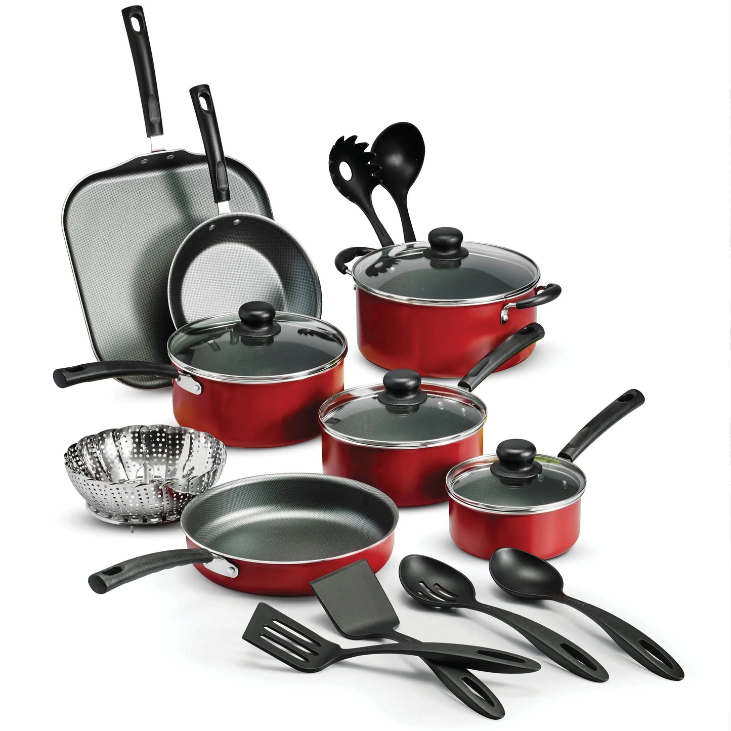 18 Piece Non-stick Cookware Set, Steel Gray and red cooking pots set