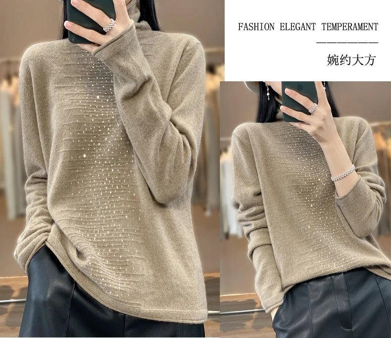 Women 100% Pure Wool Sweater High Collar Pullove, loose fit, long sleeve