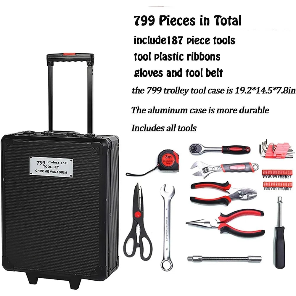 799pcs Aluminum Trolley Case Tool Set Silver,  Household Hand Tool Set, with Tool Belt