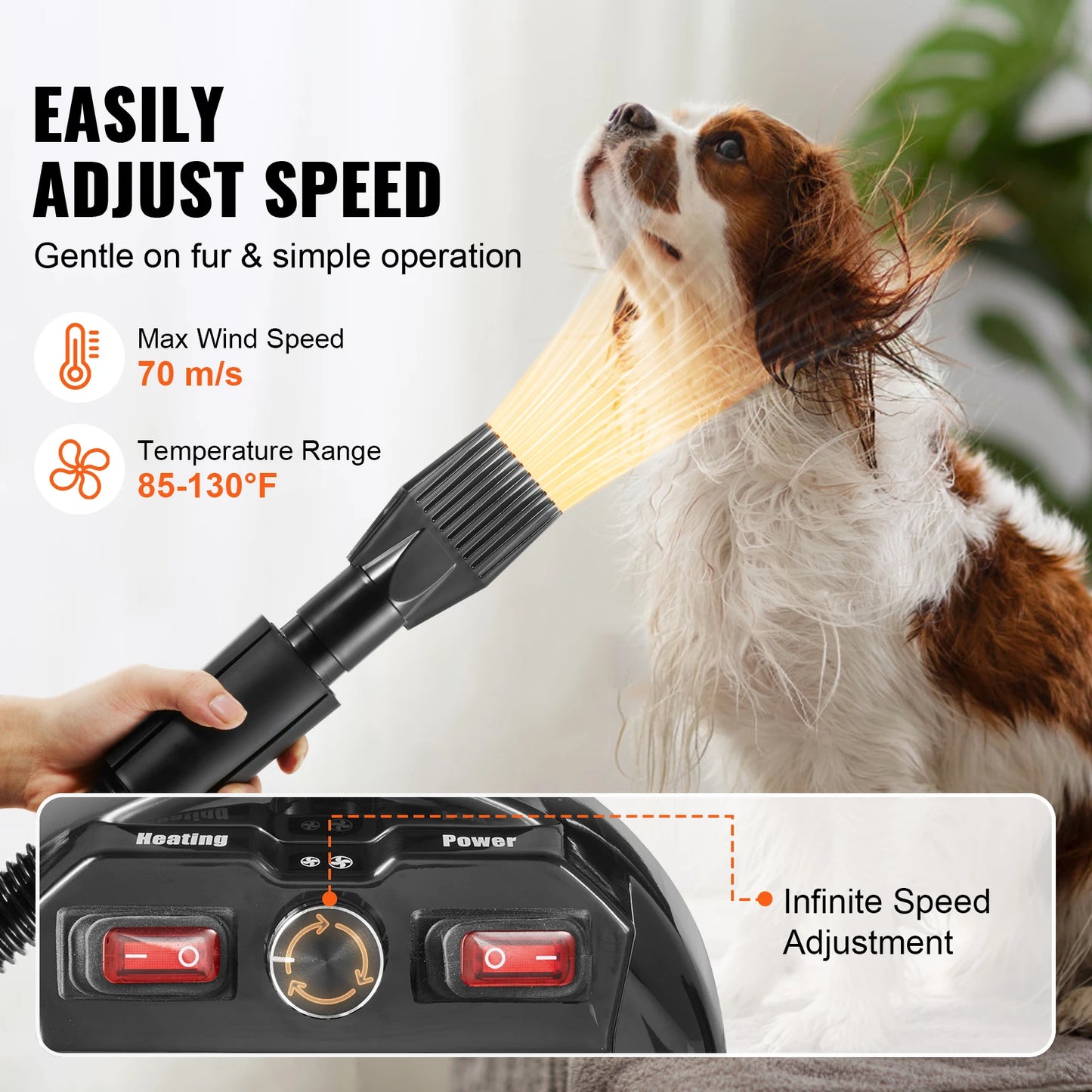 Dog Blow Dryer Adjustable Speed Temperature Control with 4 Nozzles and Extendable Hose for Pet Hair Grooming