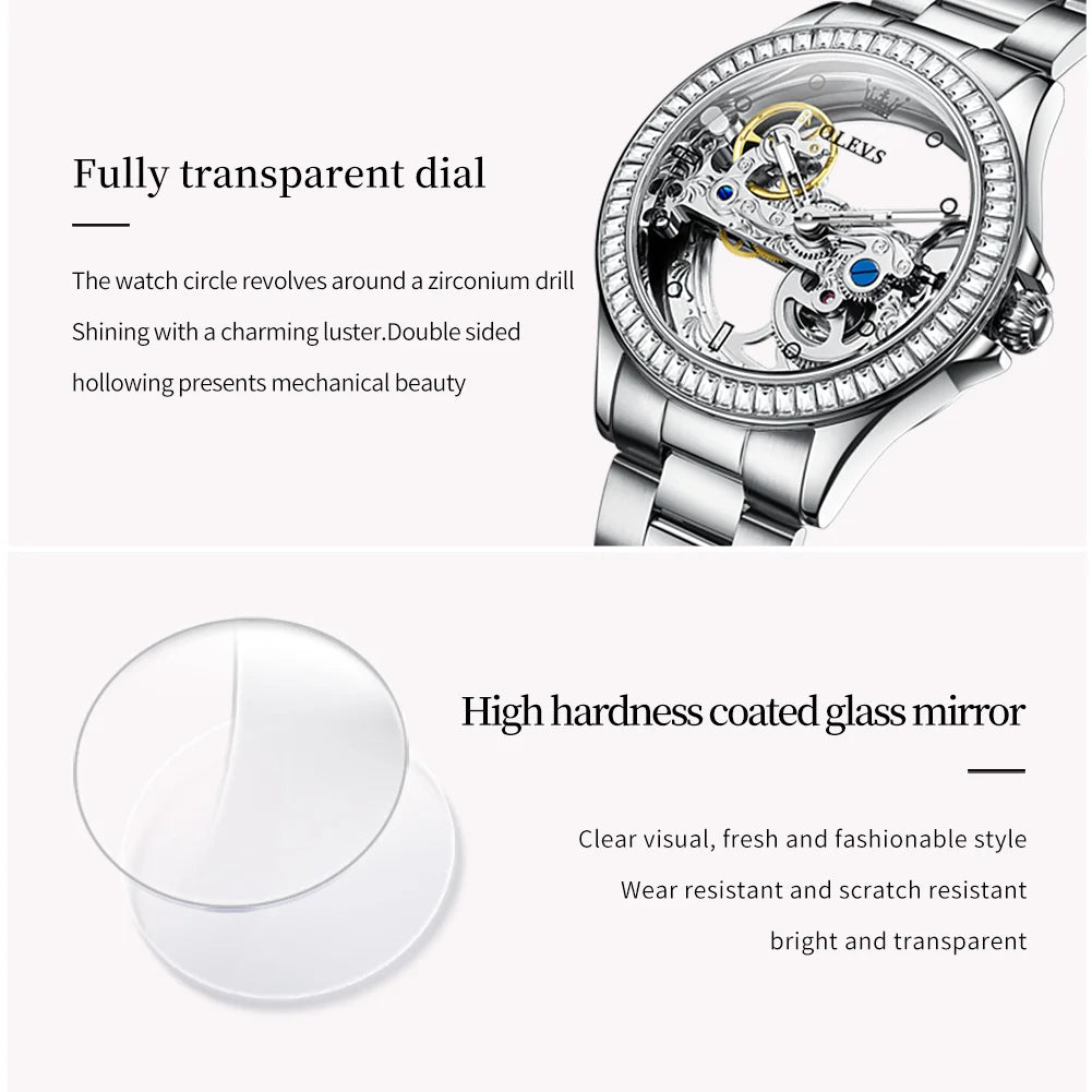 Automatic Watch for Women Hollow out Fully Transparent,  Luxury Brand Original Ladies Watch Set