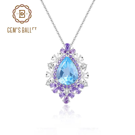 Luxury Natural Sky Blue Topaz  Pendant Necklace in 925 Sterling Silver Bridal Jewelry