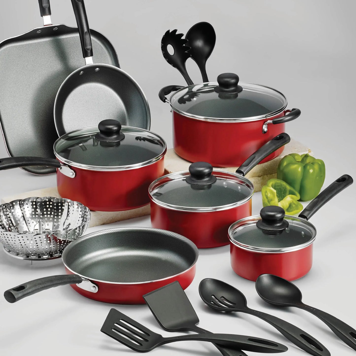 18 Piece Non-stick Cookware Set, Steel Gray and red cooking pots set