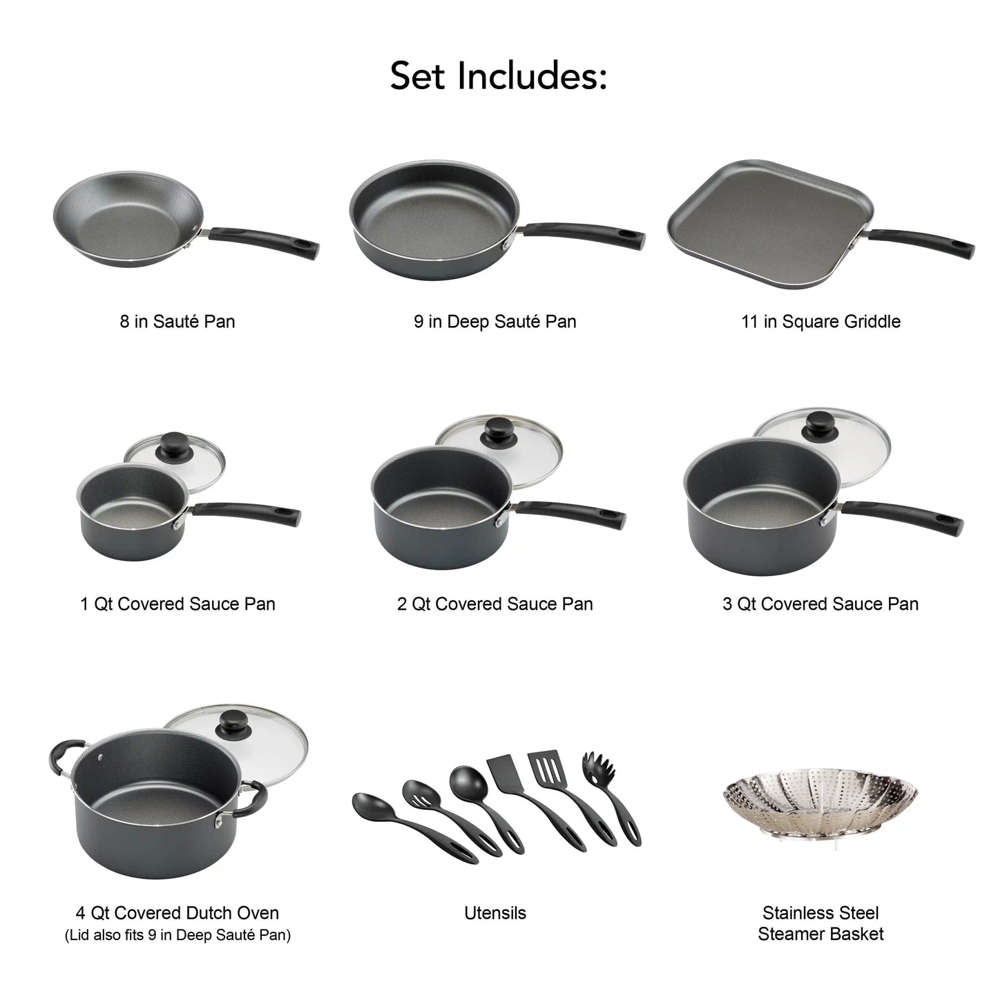 18 Piece Non-stick Cookware Set, Steel Gray and red cooking pots set