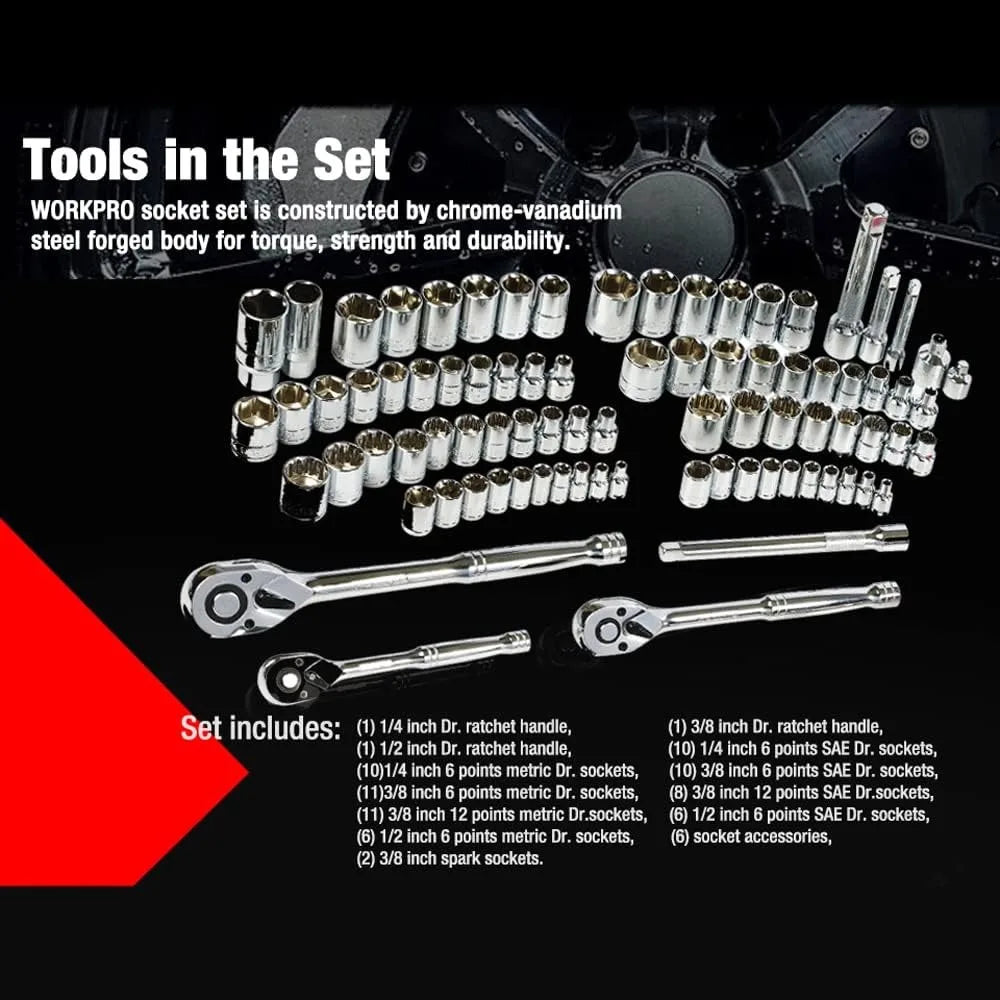 WORKPRO 408-Piece Mechanics Tool Set, 3-Drawer Heavy Duty Metal Box