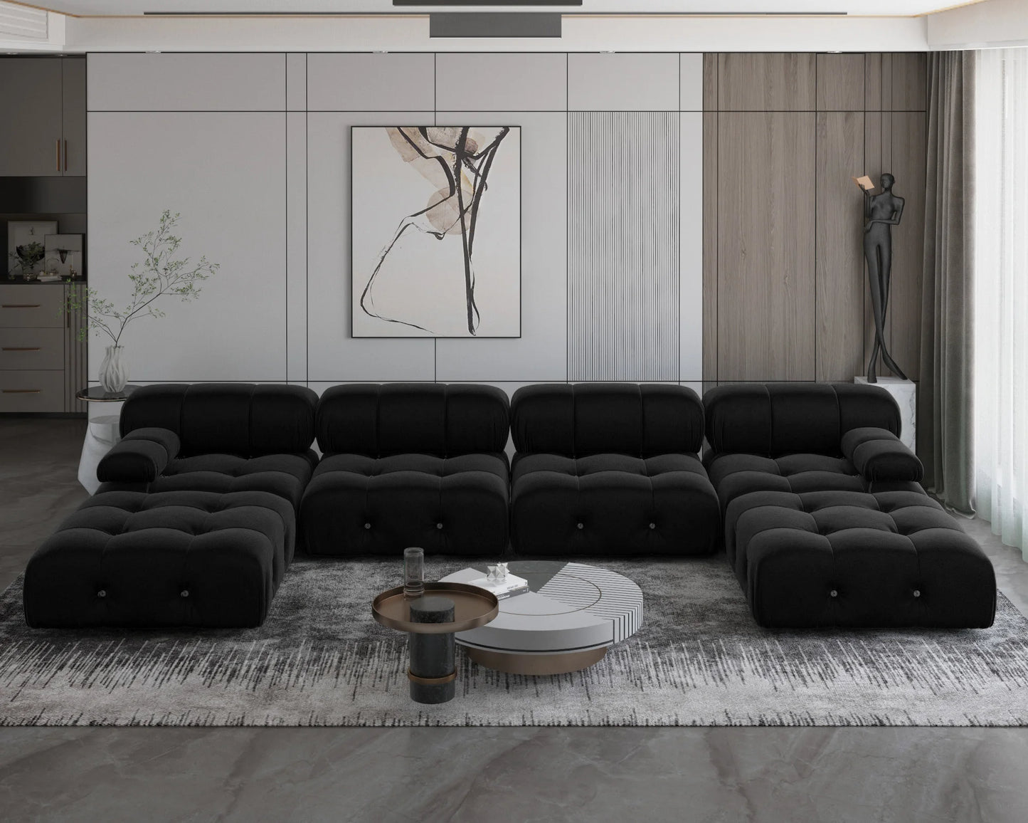 Sectional Sofa for Living Room, Black Velvet Modular Couches with Ottomans