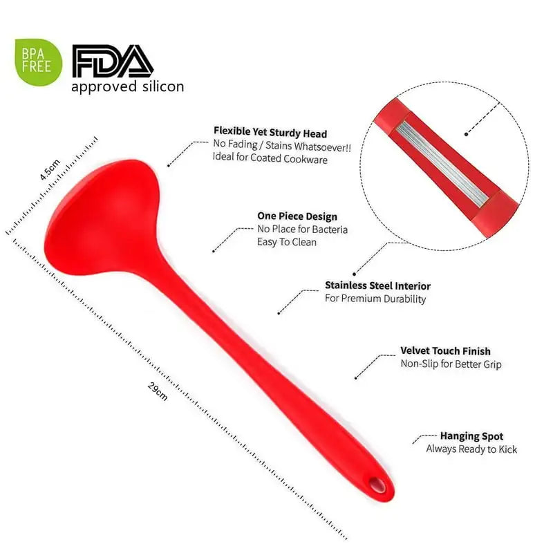 Silicone Cooking Set Red- Spoons, Turners, Spatula & 1 Ladle Etc - Heat Resistant