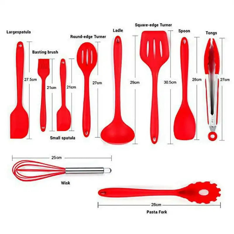 Silicone Cooking Set Red- Spoons, Turners, Spatula & 1 Ladle Etc - Heat Resistant