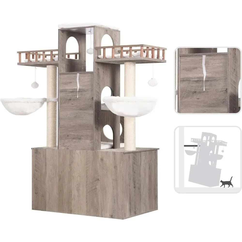 Cat Tree With Litter Box Enclosure for Indoor Big Cat Tower for Large Cats