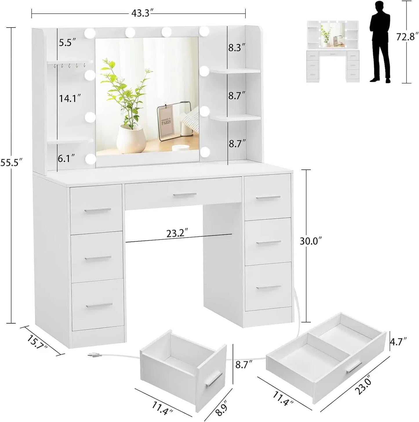 Large Vanity Desk with LED Lighted Mirror & Power Outlet,