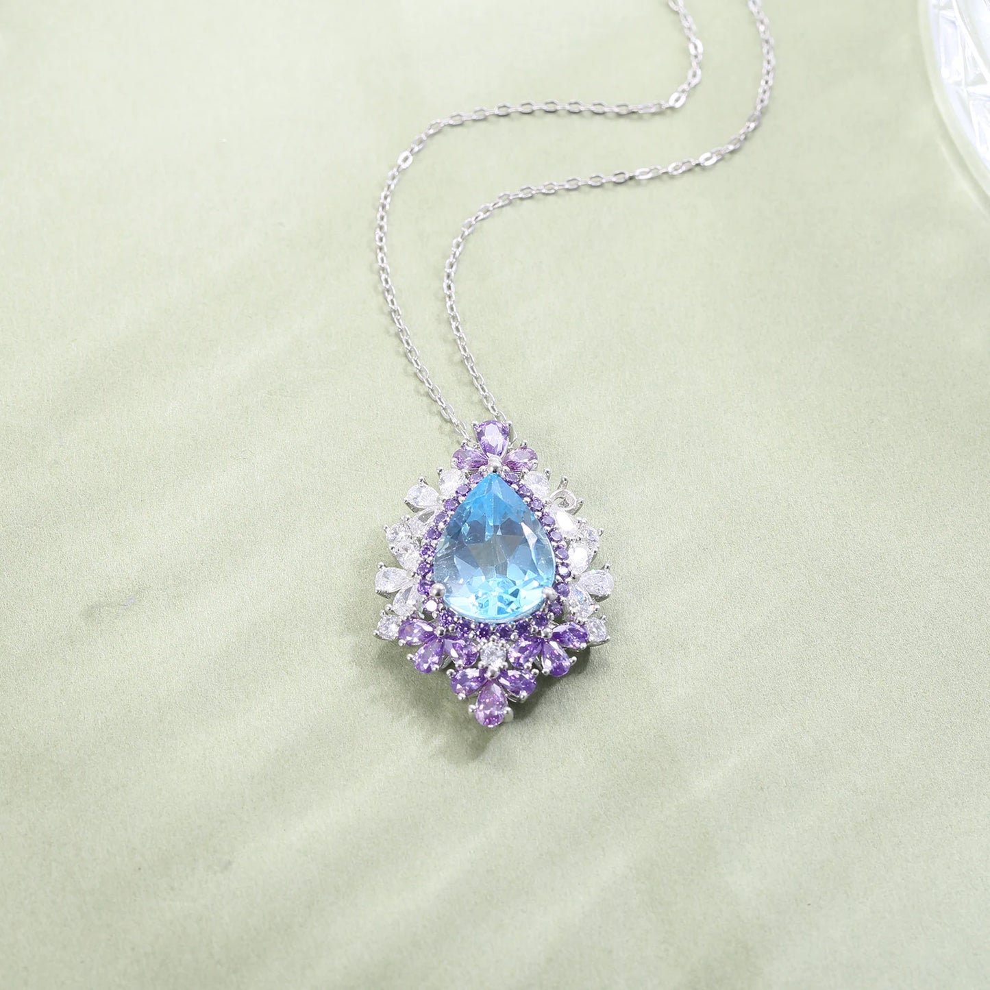 Luxury Natural Sky Blue Topaz  Pendant Necklace in 925 Sterling Silver Bridal Jewelry