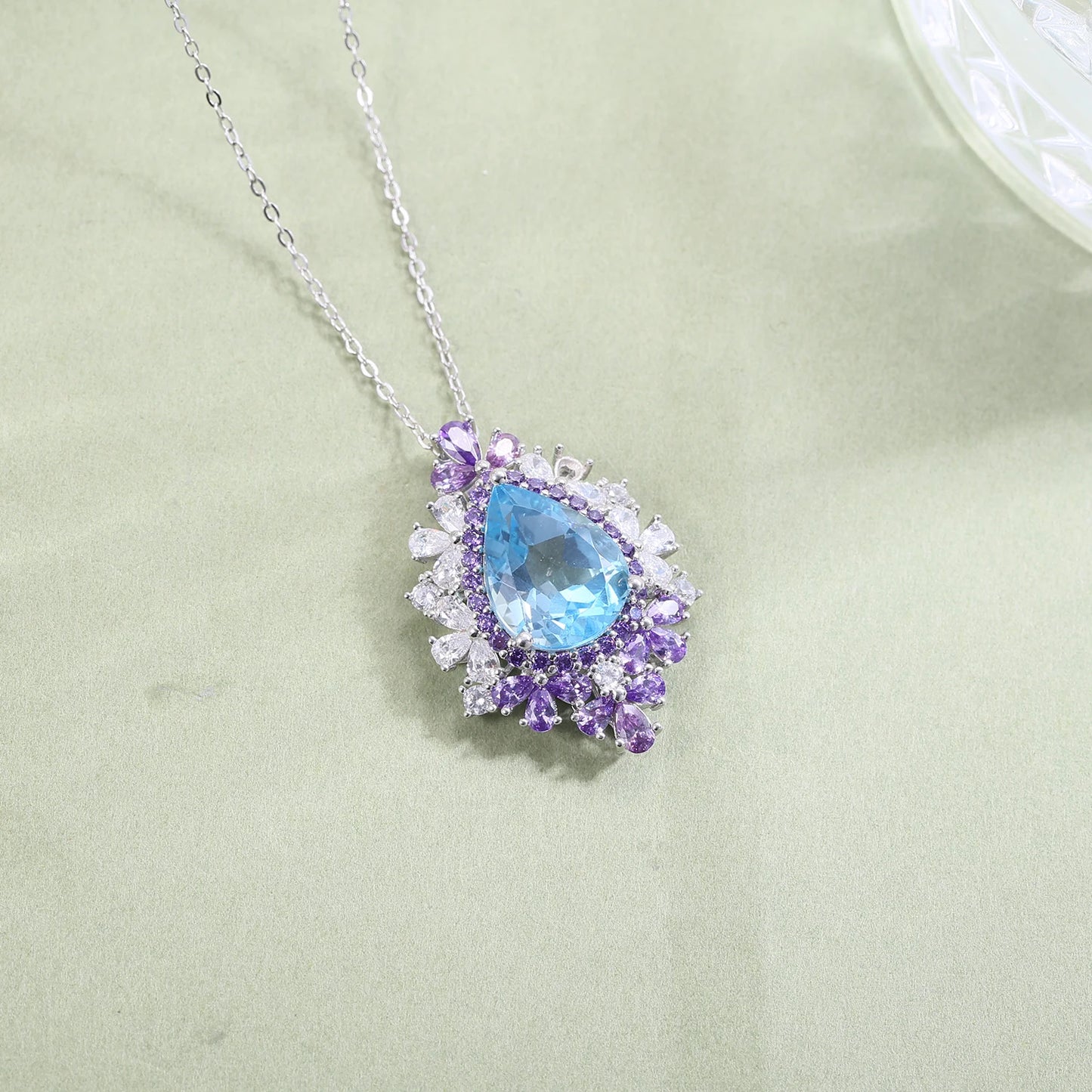 Luxury Natural Sky Blue Topaz  Pendant Necklace in 925 Sterling Silver Bridal Jewelry