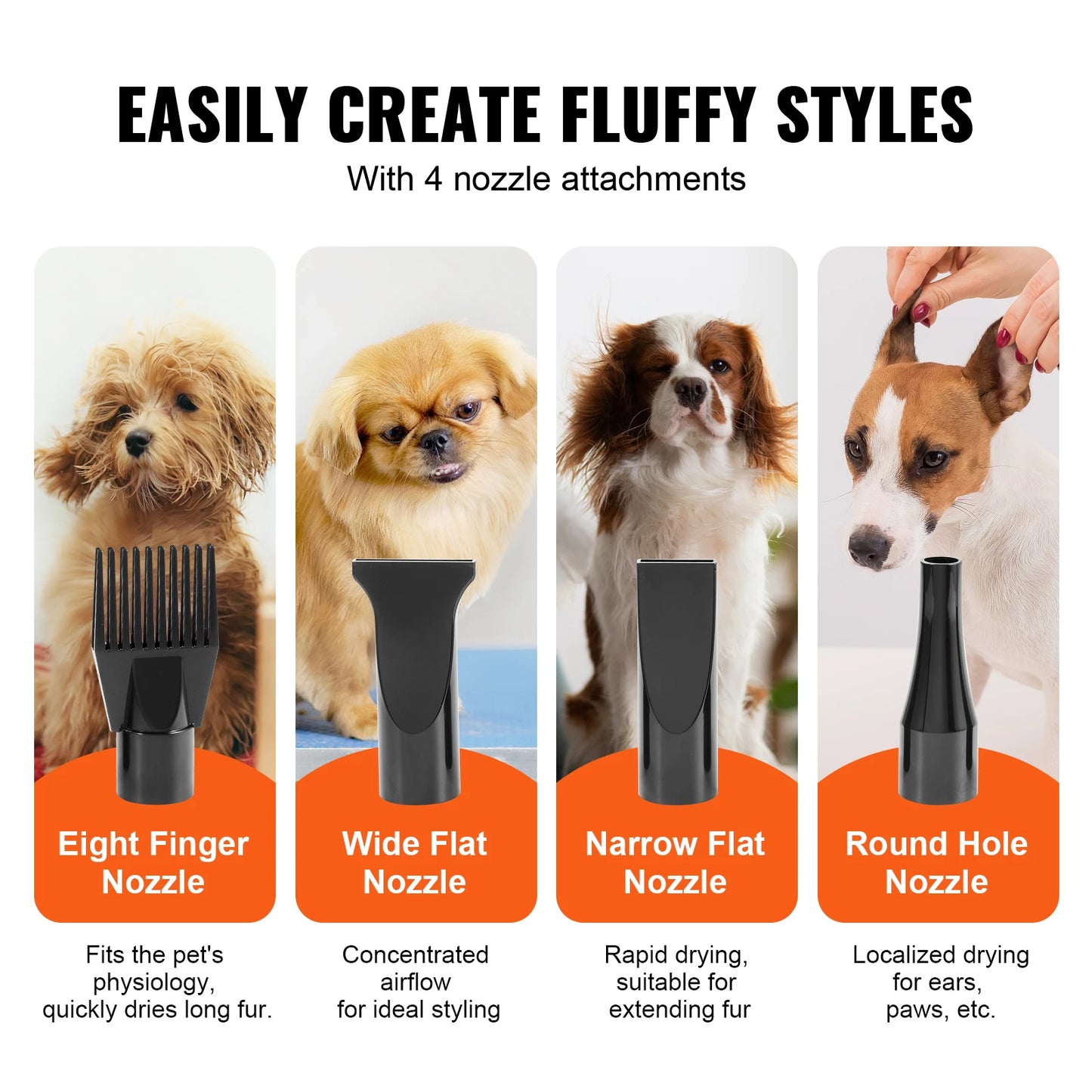 Dog Blow Dryer Adjustable Speed Temperature Control with 4 Nozzles and Extendable Hose for Pet Hair Grooming