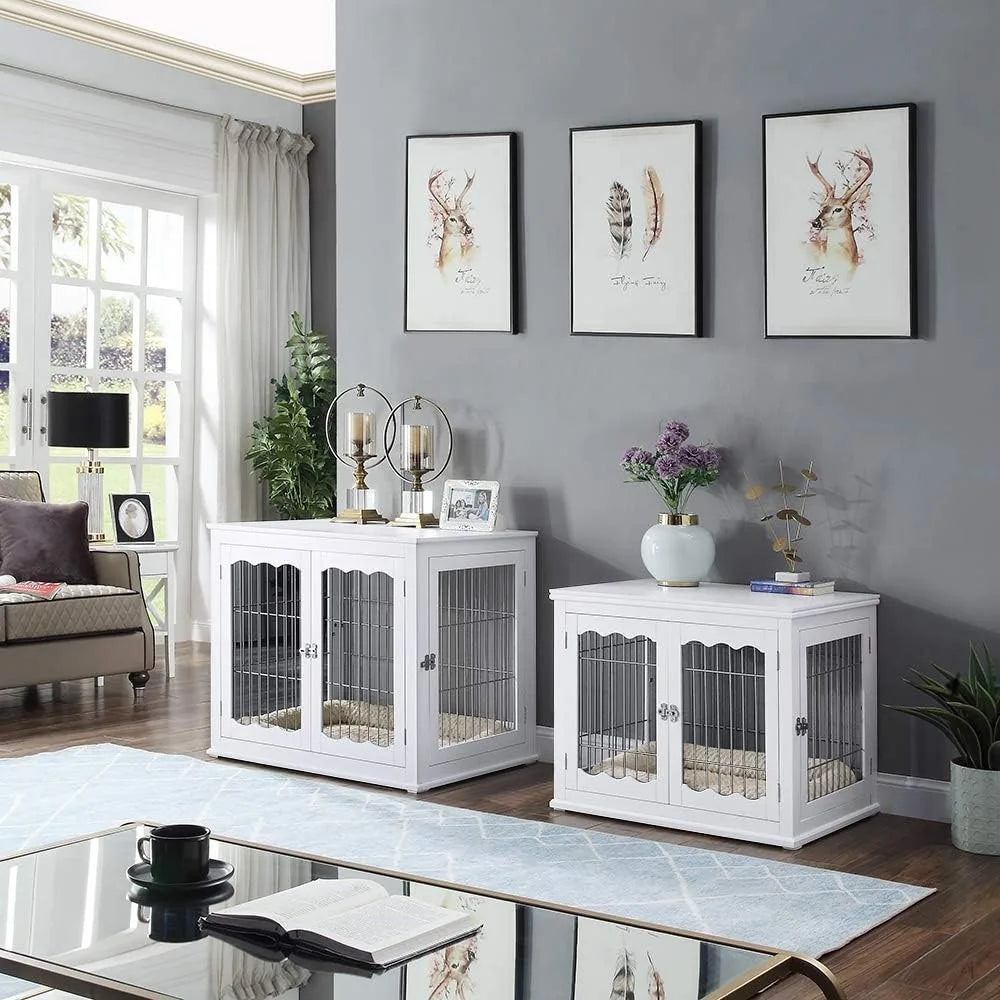 Furniture Style White Dog Crate for Medium Large Dogs, Indoor Aesthetic Dog Stuff Kennel, Modern Decorative Wood Wire Pet House