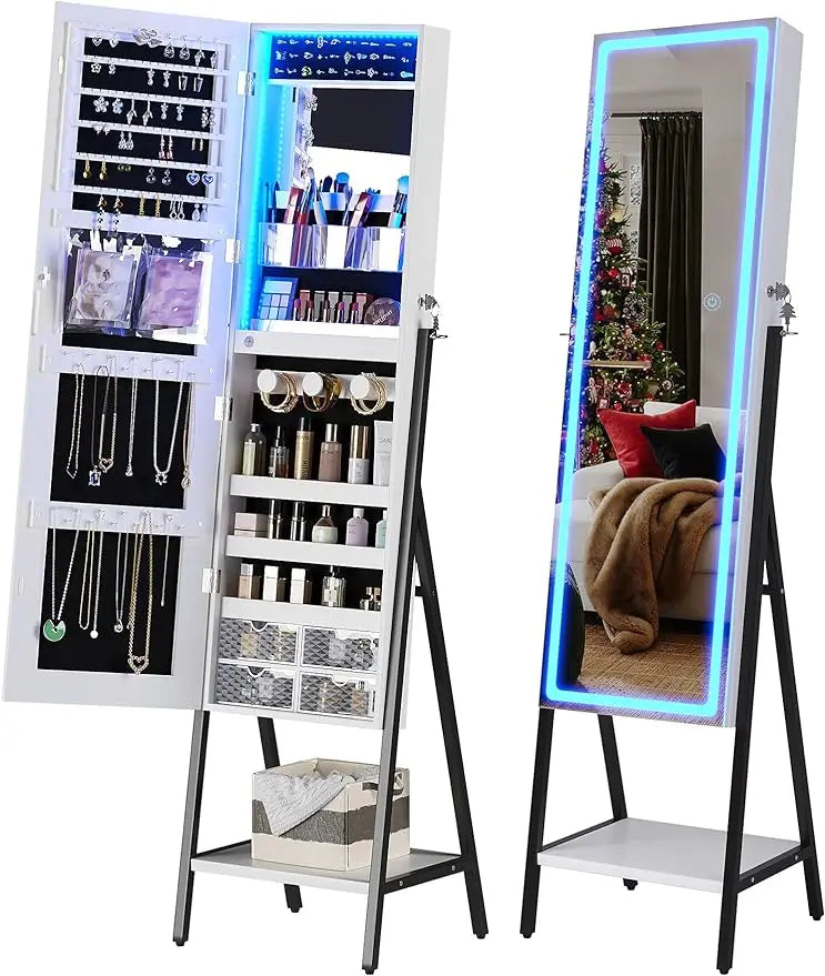 LED Mirror Jewelry Cabinet Standing, Lockable Jewelry Armoire Organizer