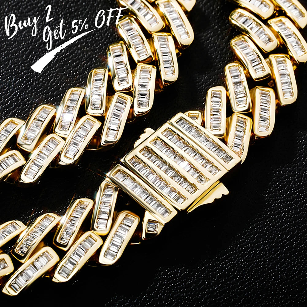 12mm Baguette Prong Cuban Link Necklace Luxury Iced Out Mens Necklace