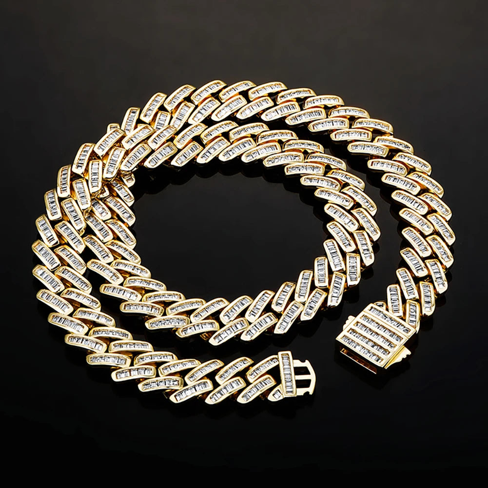 12mm Baguette Prong Cuban Link Necklace Luxury Iced Out Mens Necklace