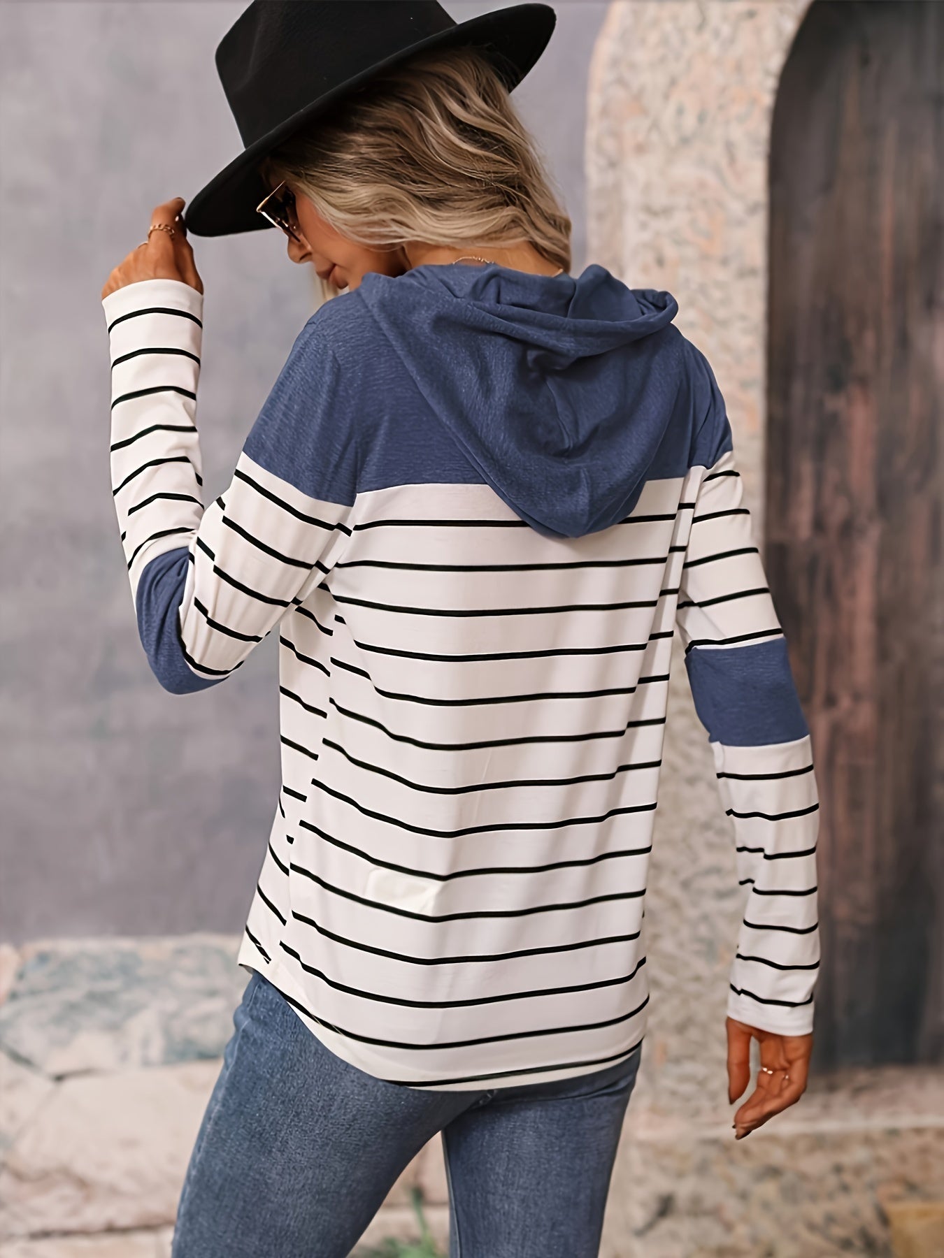 Striped Color Block Drawstring Hoodie